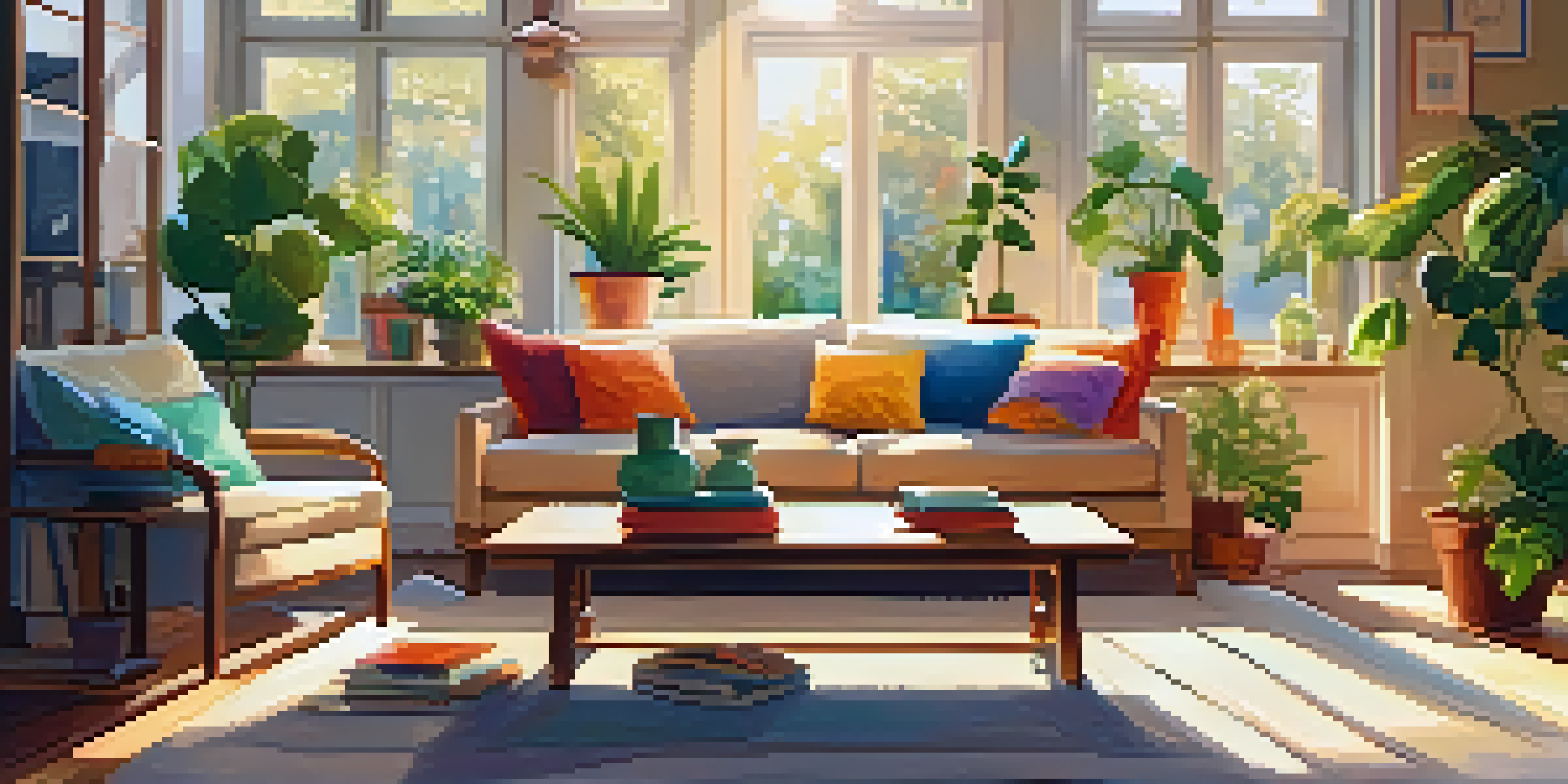 A cozy living room with a beige sofa, colorful cushions, a wooden coffee table, and potted plants, illuminated by warm sunlight.