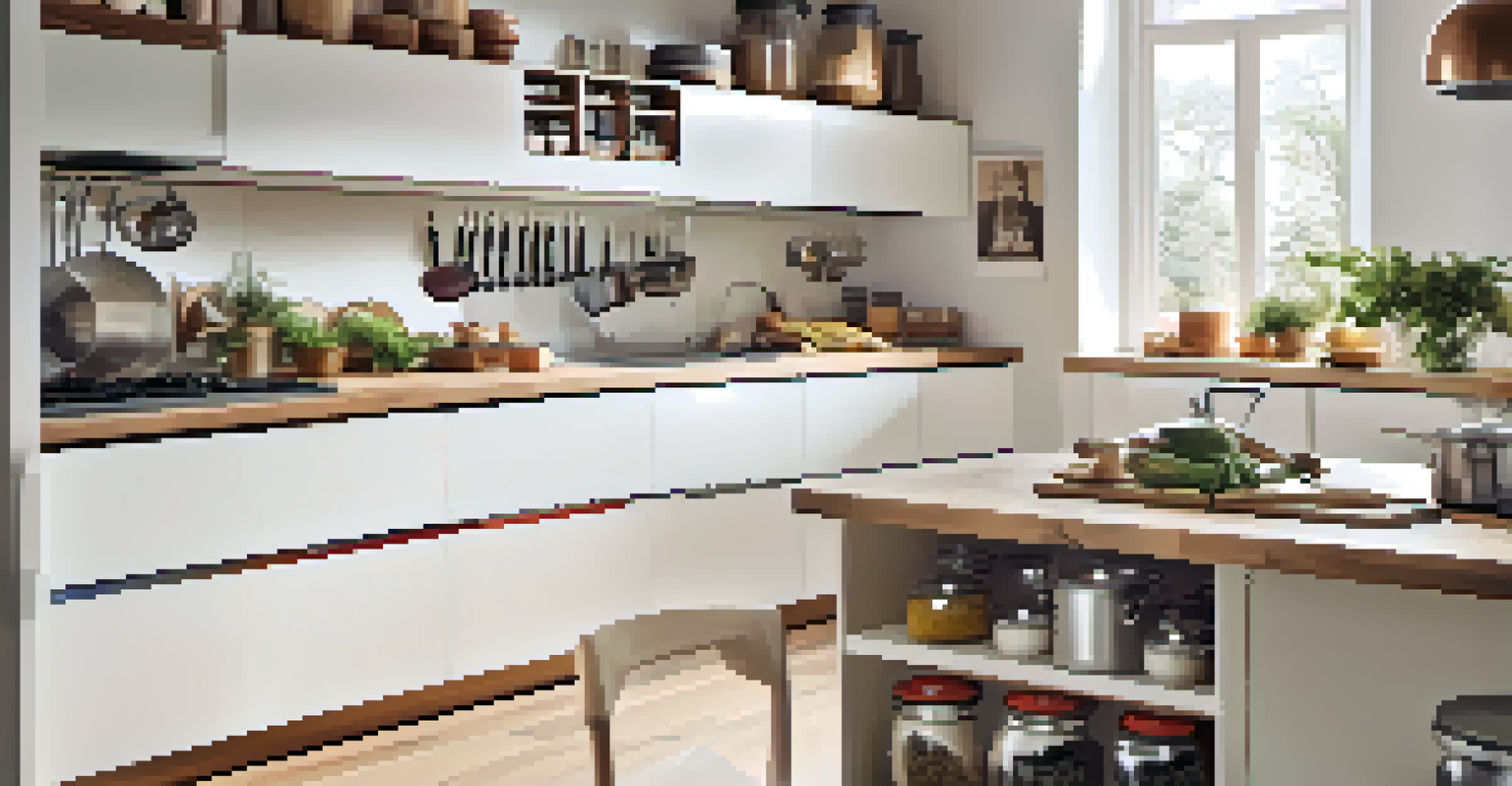 An organized kitchen with pull-out shelves under the counter, stackable bins for spices, and a magnetic strip for knives, all bathed in natural sunlight.