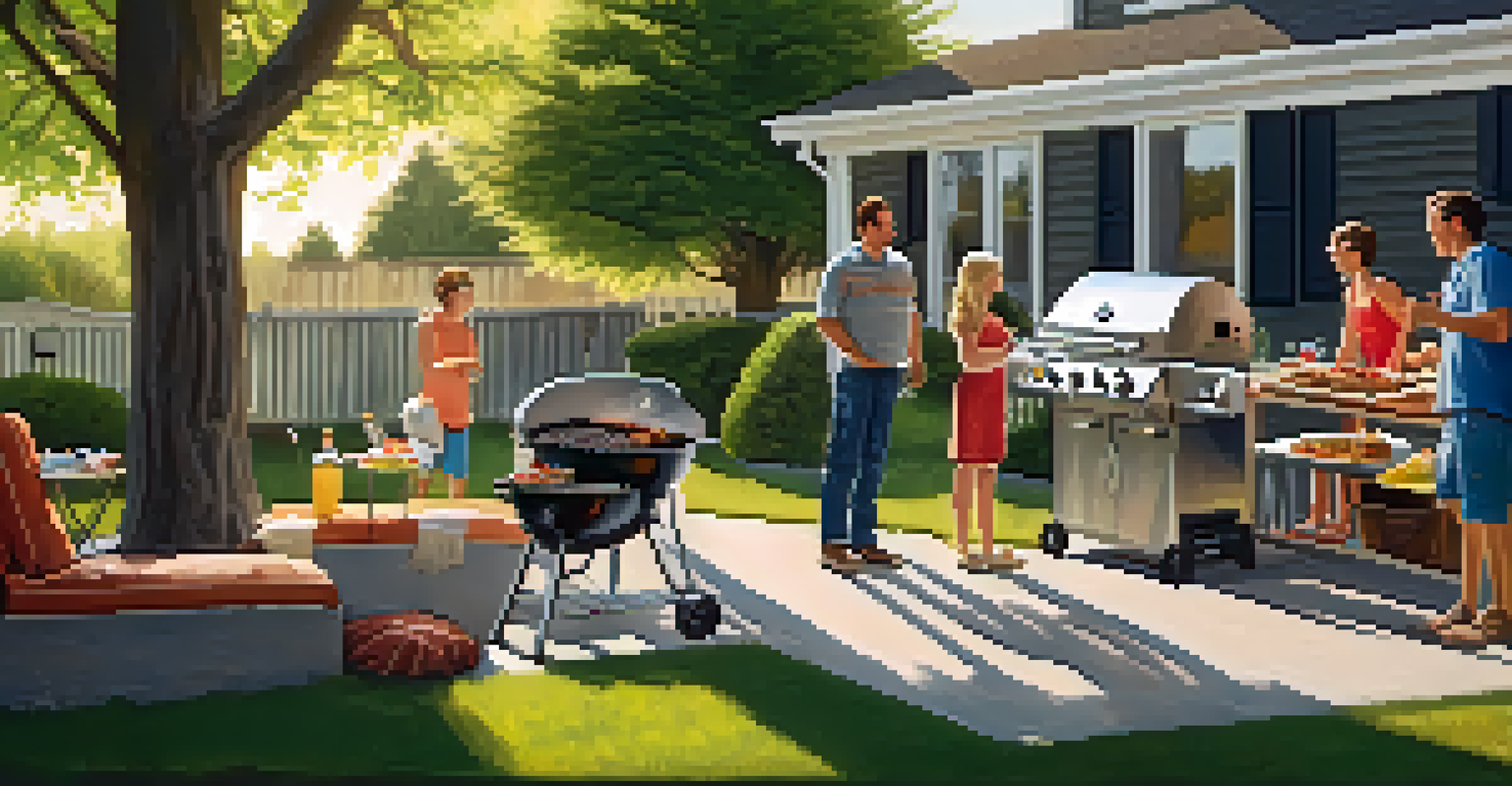 A safe backyard barbecue with a grill positioned away from the house and family members enjoying the cooking.