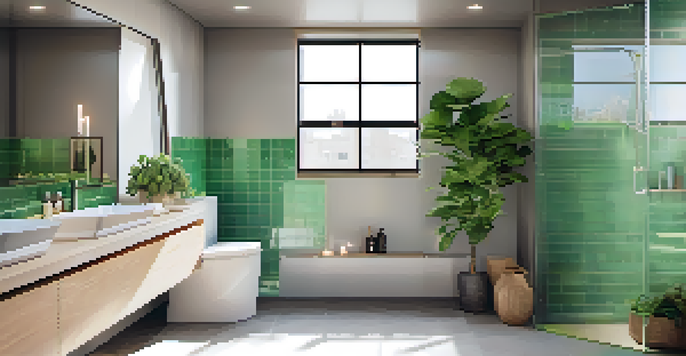 A contemporary bathroom showcasing eco-friendly water-saving fixtures, with natural light and greenery.