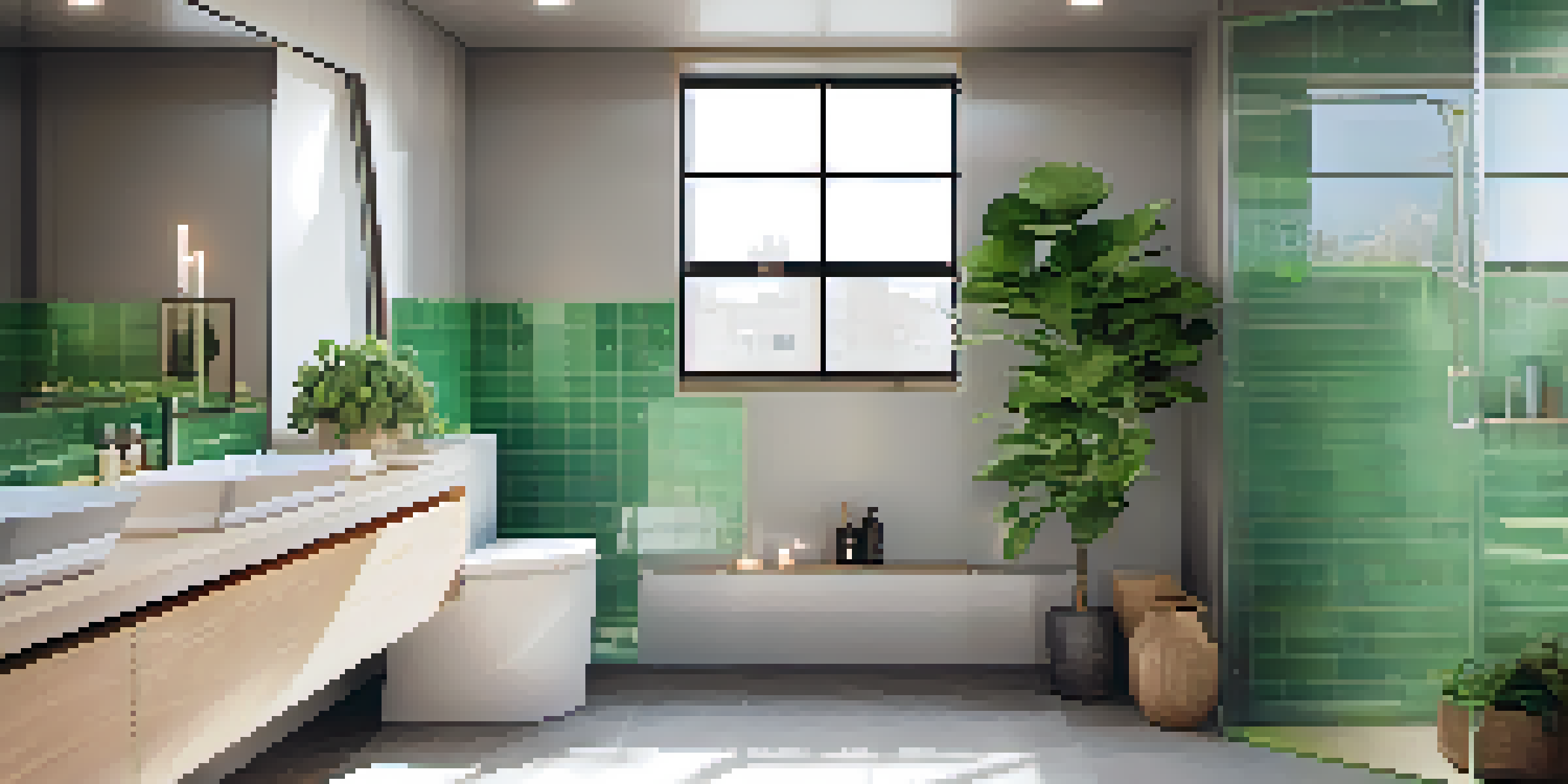 A contemporary bathroom showcasing eco-friendly water-saving fixtures, with natural light and greenery.