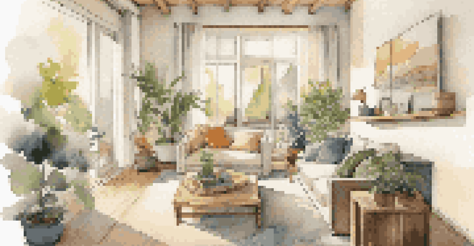 A cozy living room with smart home technology and sustainable materials, illuminated by natural light.