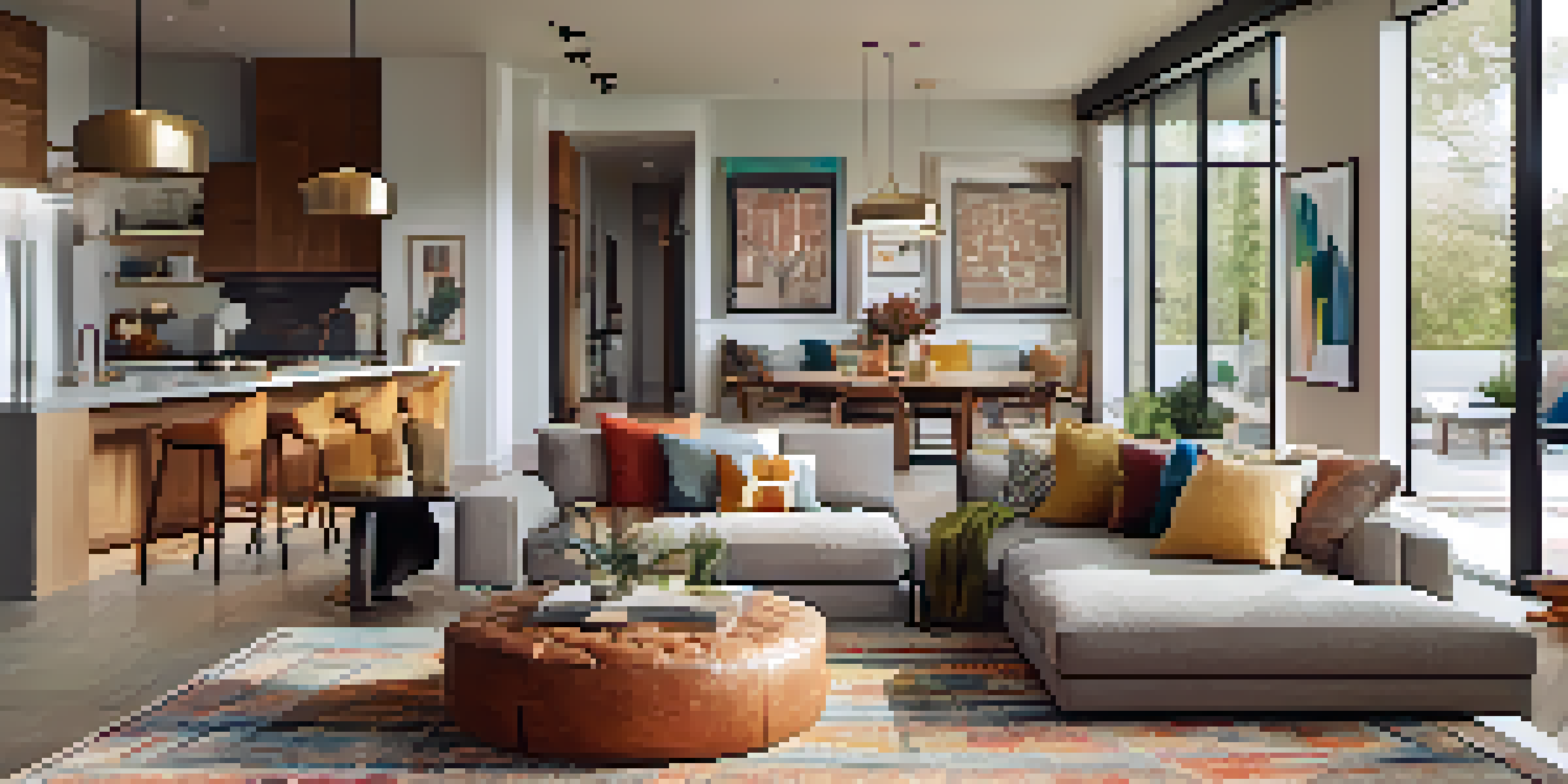 An open floor plan with a cozy living room, colorful dining area, and modern kitchen, illuminated by natural light, showcasing art and warm textiles.
