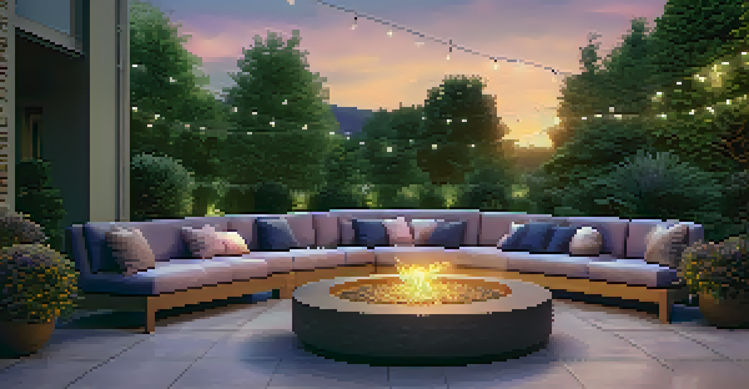 An outdoor terrace with smart lighting, showcasing a cozy atmosphere during twilight.