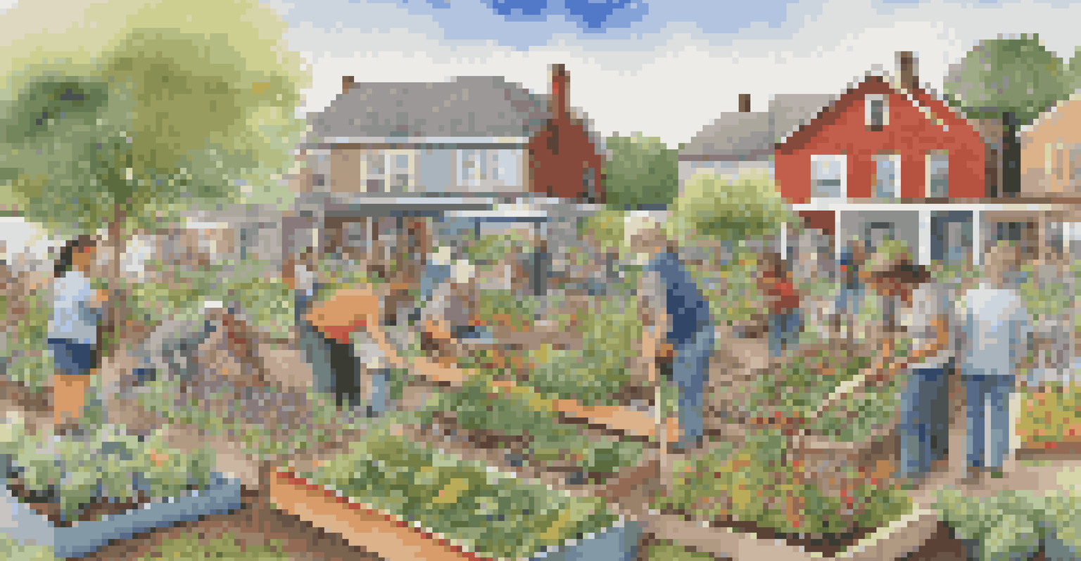 A lively community garden with people planting and tending to flowers and vegetables, featuring a banner promoting sustainability.
