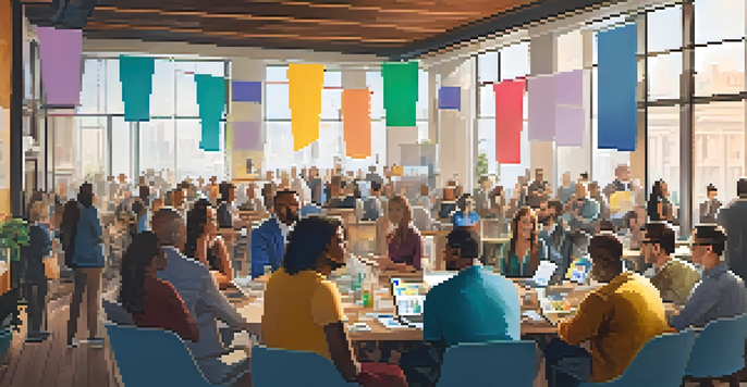 A lively crowdfunding event showing entrepreneurs presenting to an audience with colorful banners and laptops.