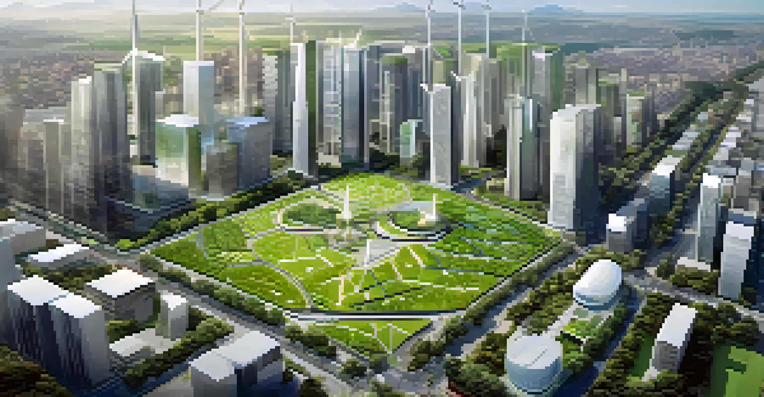 Aerial view of a smart city with solar panels, wind turbines, and green spaces highlighting sustainable urban planning.
