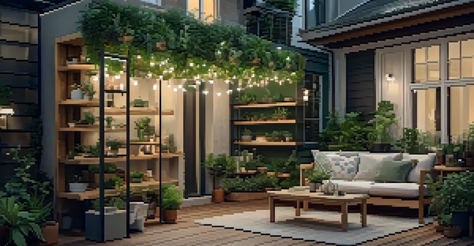 A cozy small patio decorated with vertical gardens and illuminated by string lights.