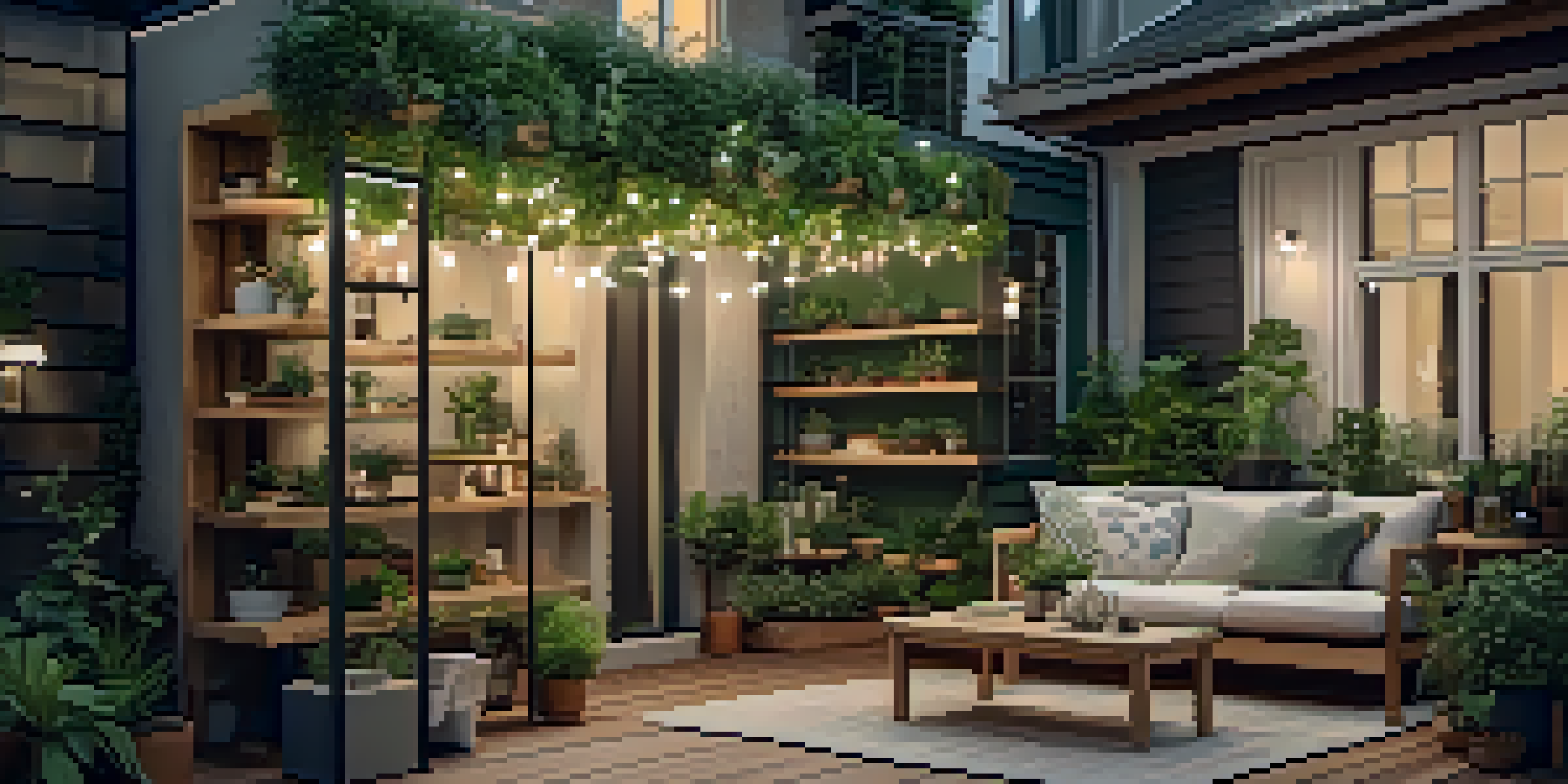 A cozy small patio decorated with vertical gardens and illuminated by string lights.