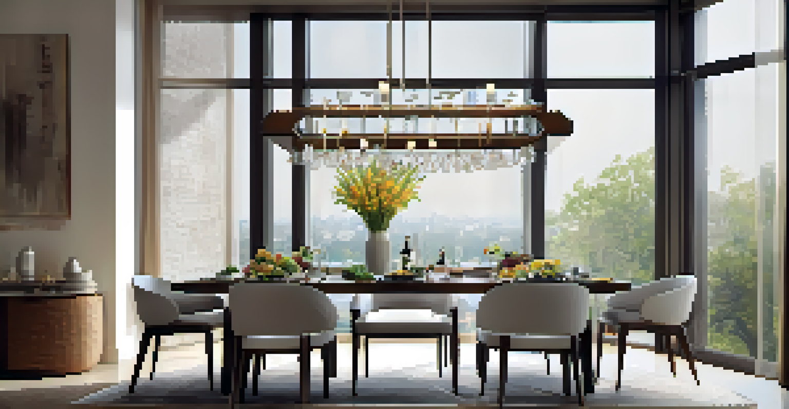 A dining area with an adjustable table set for a meal, elegant tableware, and fresh flowers, illuminated by a chandelier.