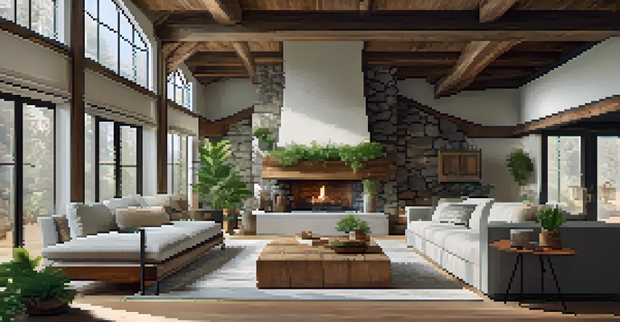 A cozy living room with wooden beam ceiling and stone fireplace, filled with natural light and plants.
