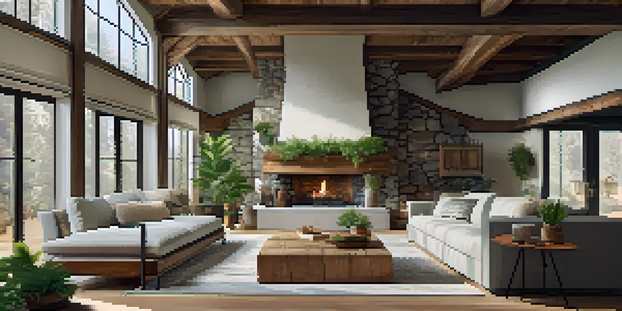 A cozy living room with wooden beam ceiling and stone fireplace, filled with natural light and plants.