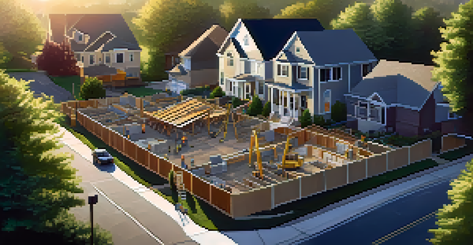 An aerial view of a suburban neighborhood with a house under renovation, surrounded by lush greenery.