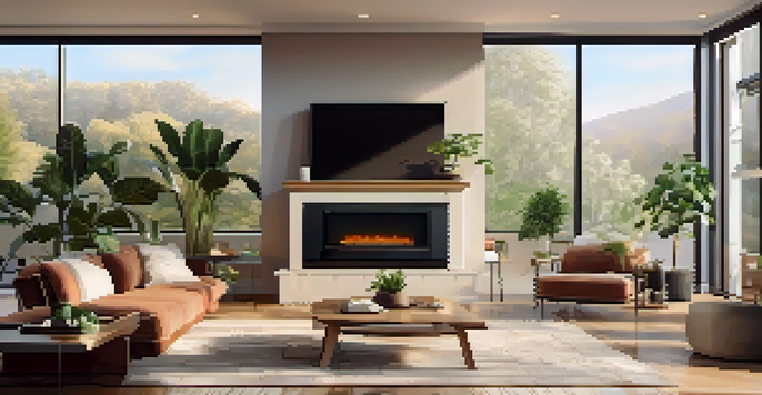 A cozy living room with a smart thermostat, sunlight streaming through windows, and energy-efficient LED lights.