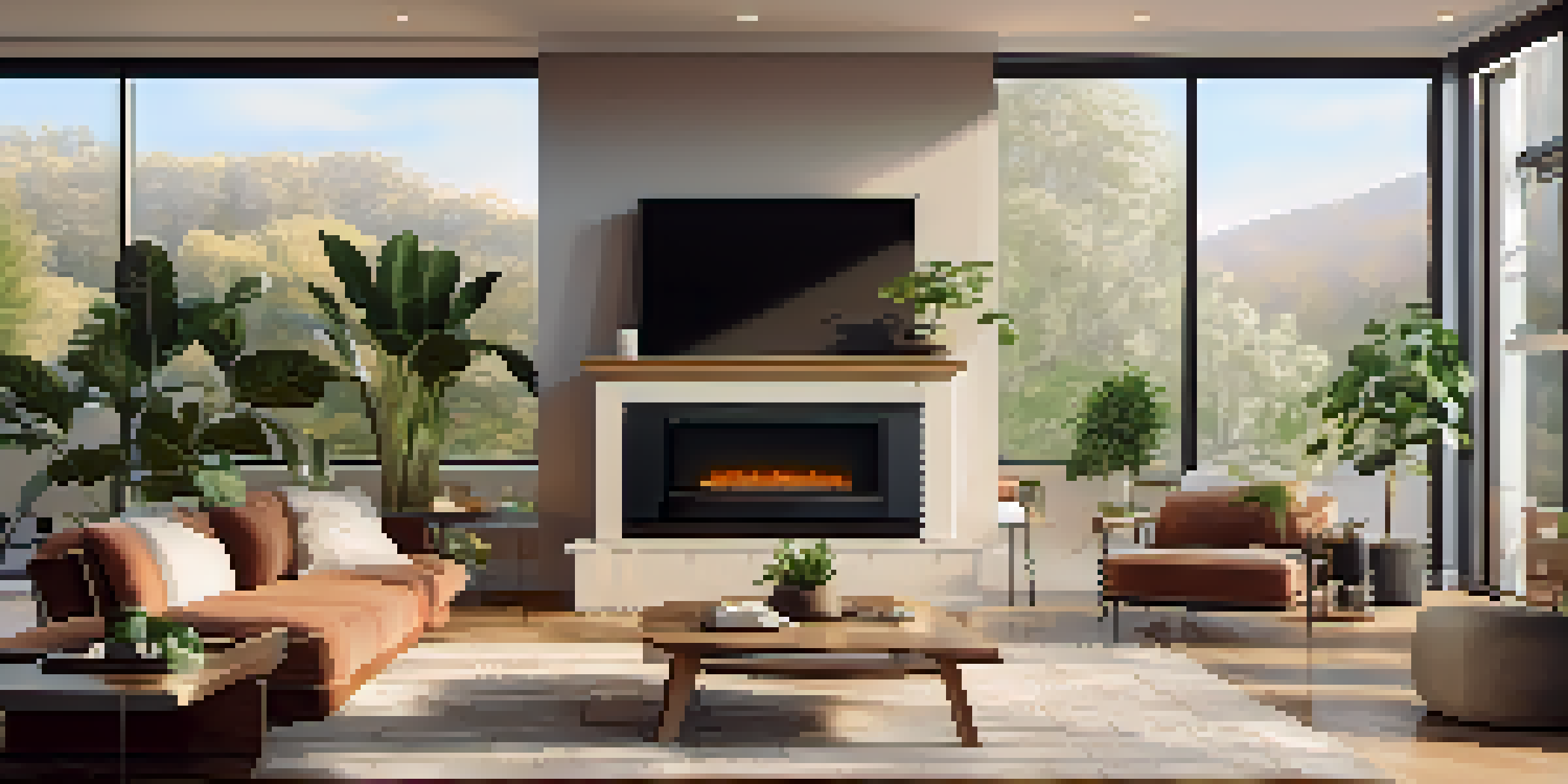 A cozy living room with a smart thermostat, sunlight streaming through windows, and energy-efficient LED lights.