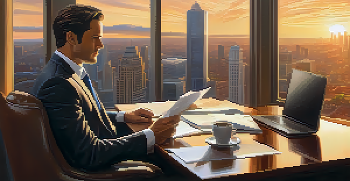 A real estate agent negotiating at a desk with a cityscape view during sunset.