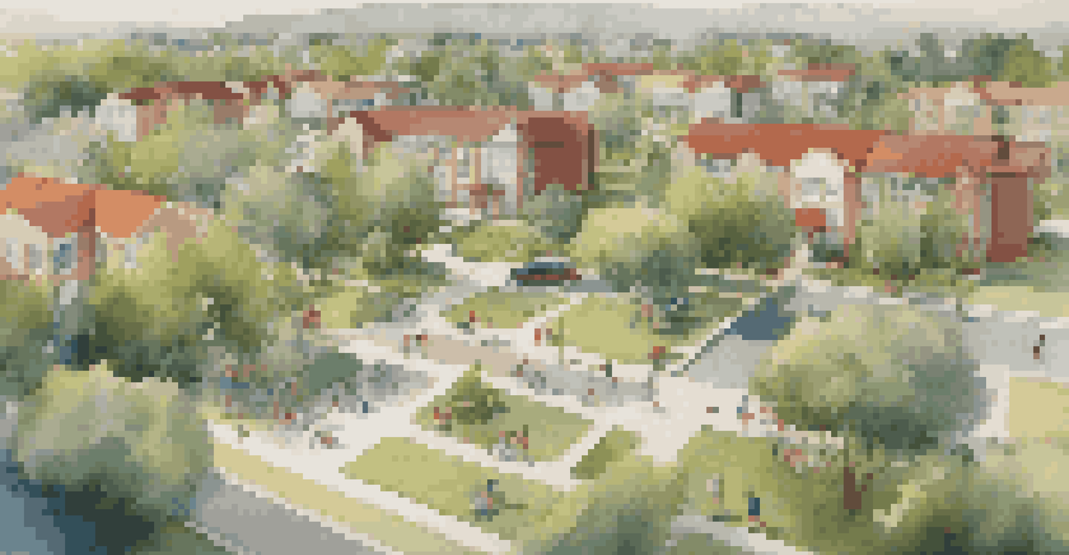 An aerial view of a community featuring homes, a school, and families enjoying outdoor activities.