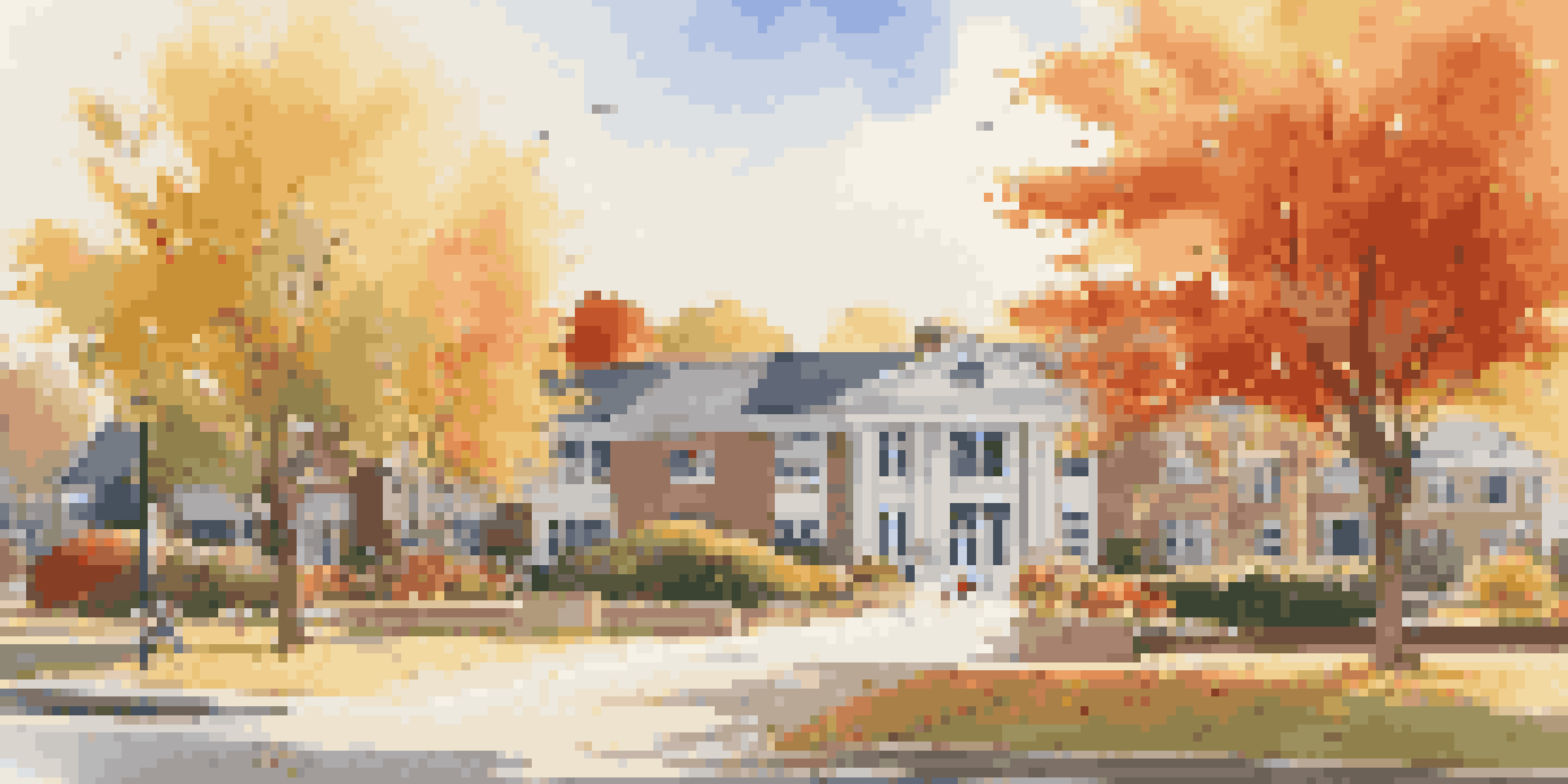 A suburban neighborhood with a modern school building and families walking towards it, surrounded by colorful autumn trees.