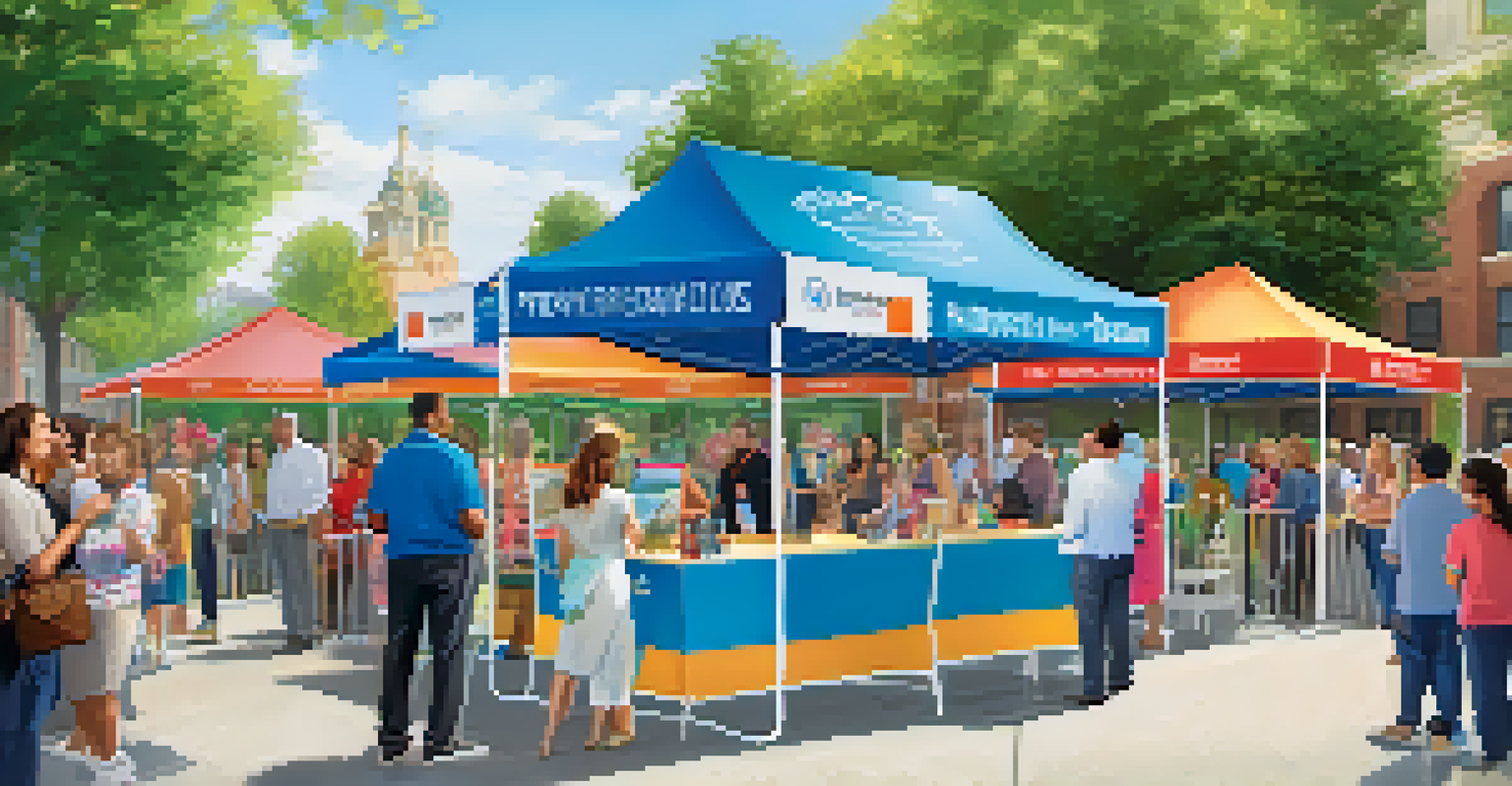 A community event with a real estate booth showing brochures and virtual tours, with people interacting.