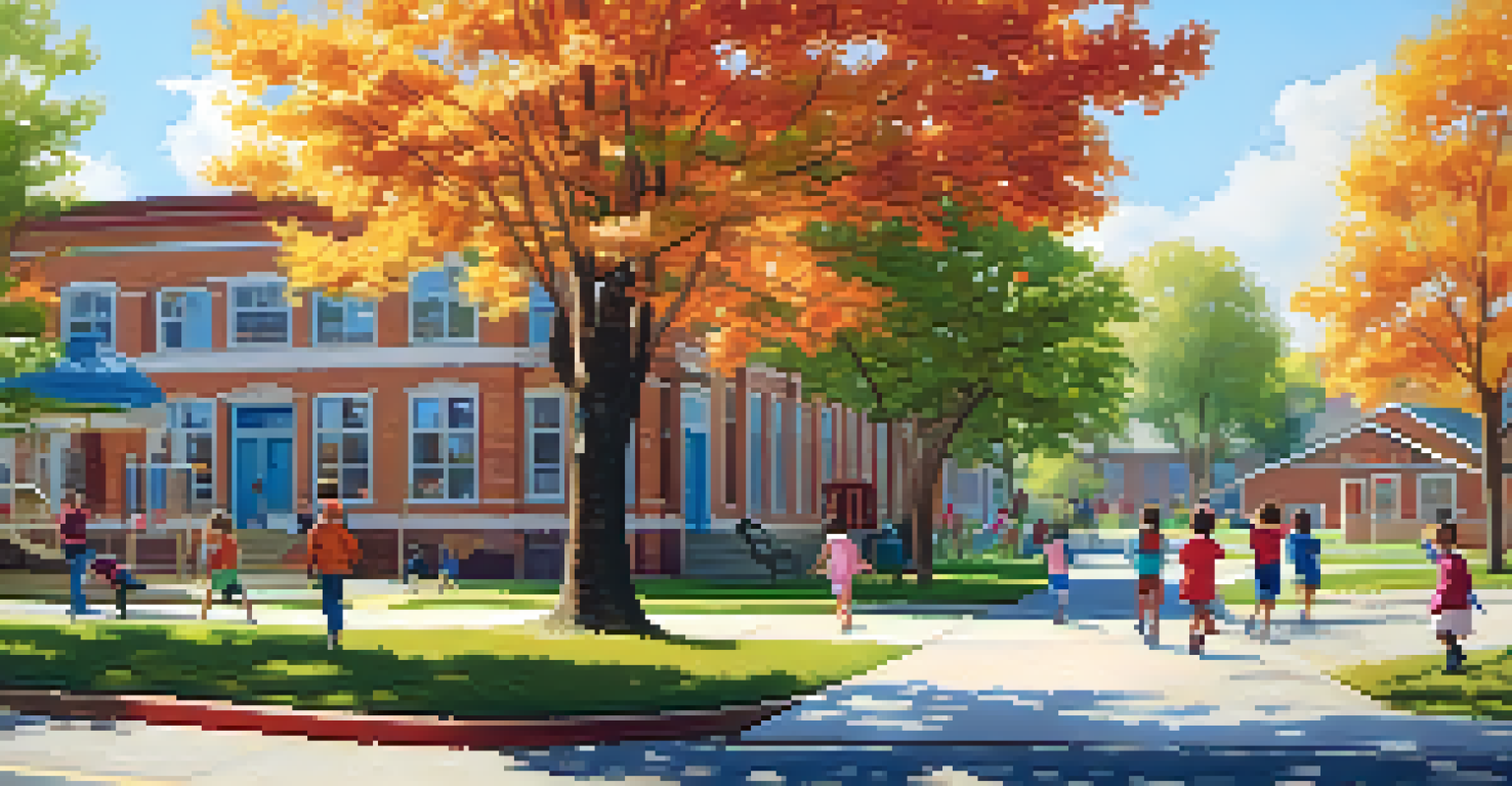 A colorful elementary school with children playing outside in a sunny neighborhood.