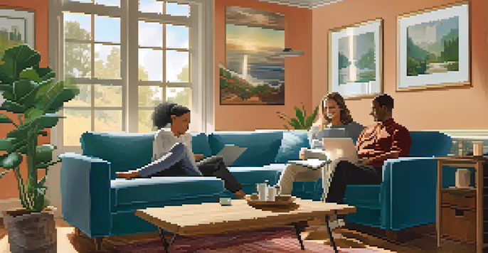 A couple sitting in a cozy living room, discussing home financing with documents on the table.