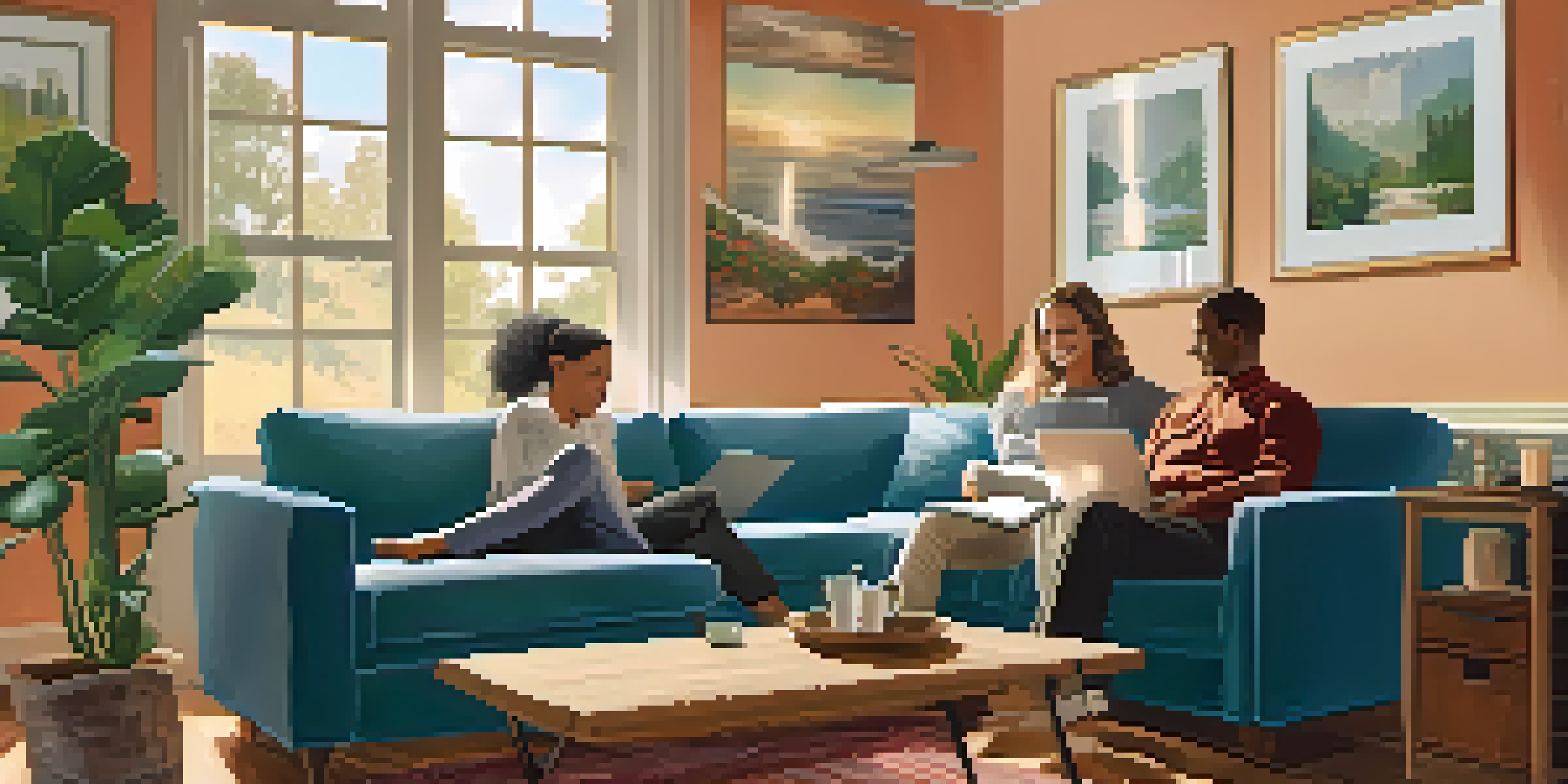 A couple sitting in a cozy living room, discussing home financing with documents on the table.
