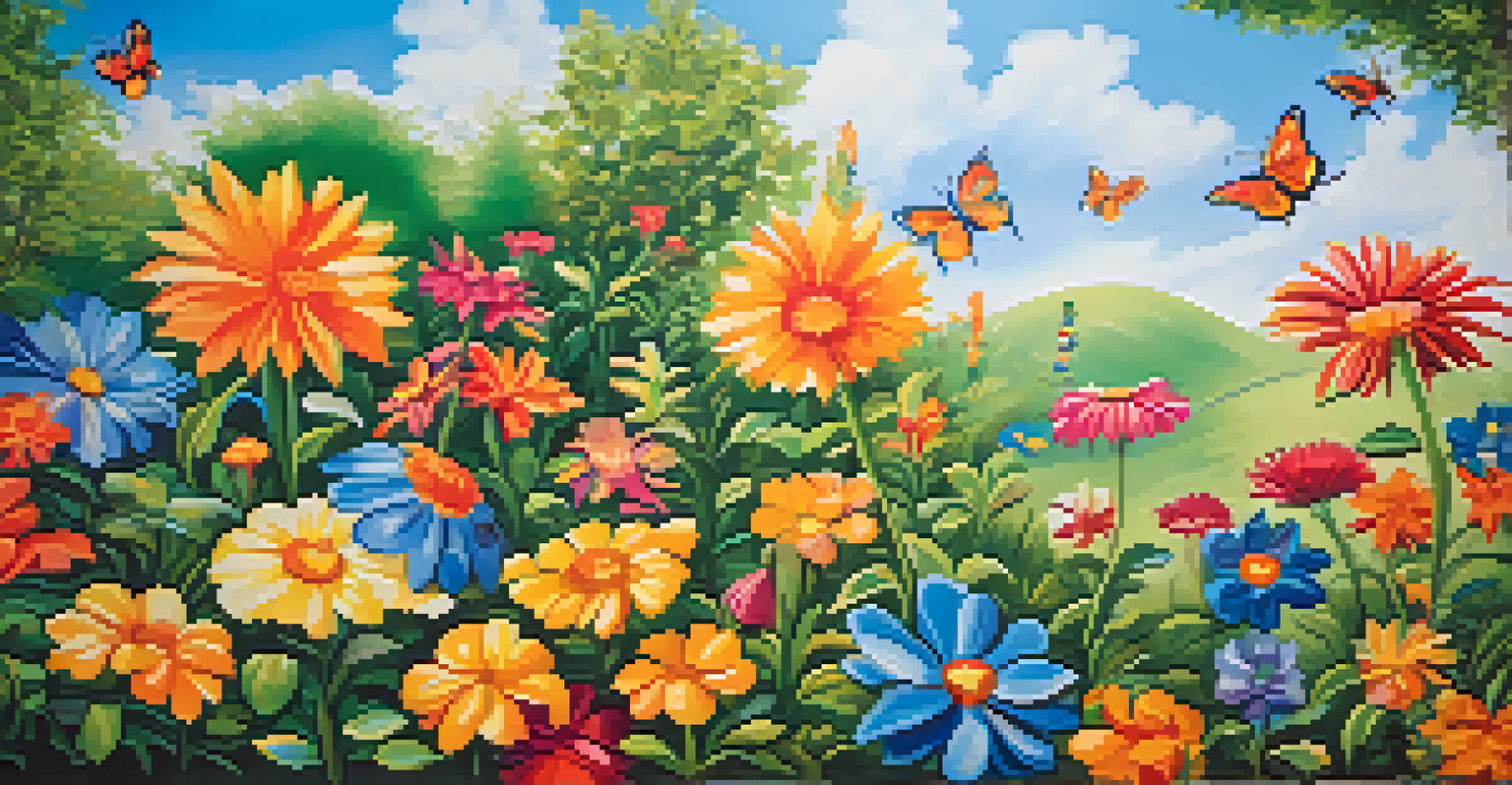 A vibrant mural on a wall depicting a whimsical garden scene with flowers and butterflies.