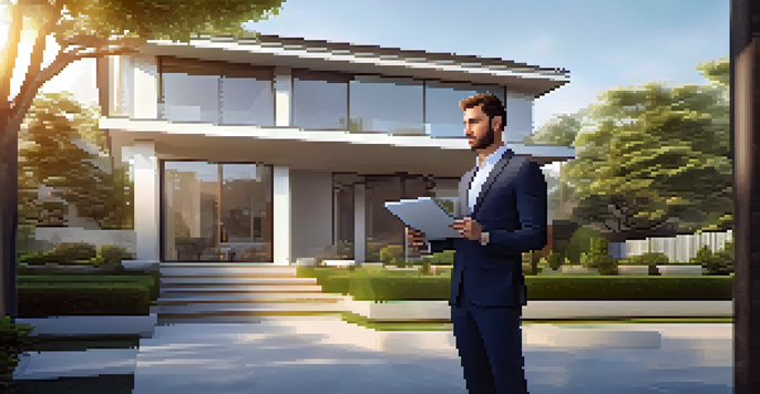 A real estate agent in business attire stands in front of a modern house, holding a tablet displaying market statistics, with soft sunlight illuminating the scene.