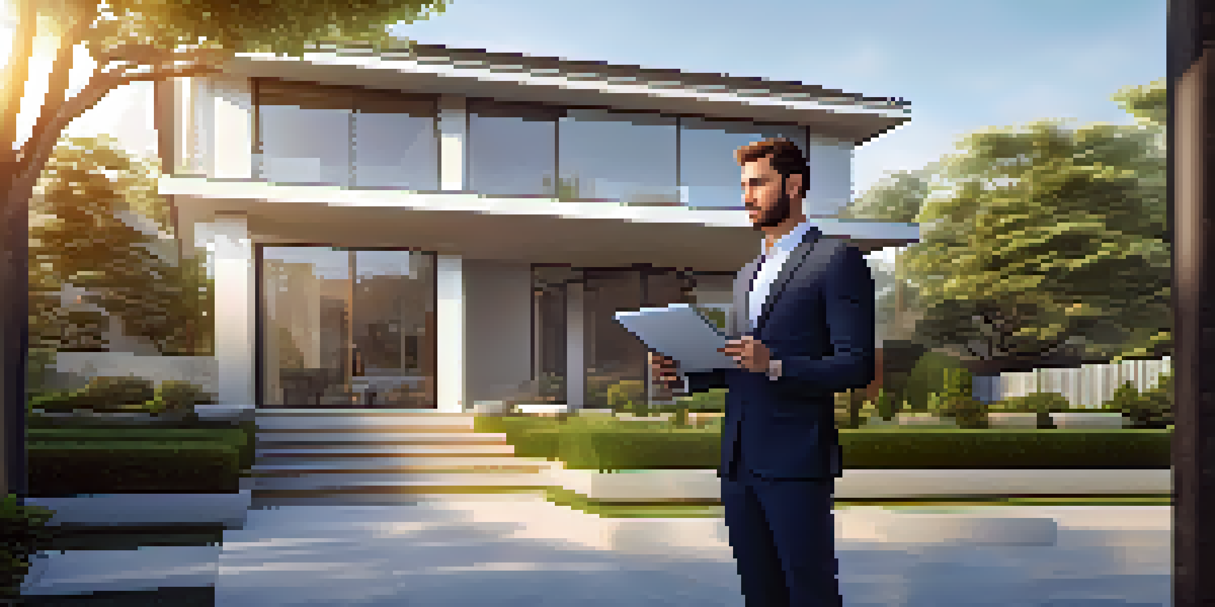 A real estate agent in business attire stands in front of a modern house, holding a tablet displaying market statistics, with soft sunlight illuminating the scene.