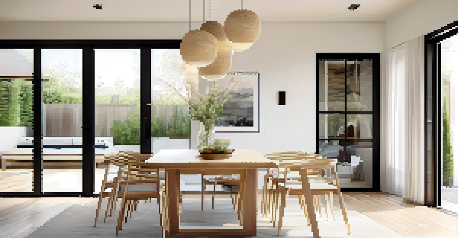 An open-concept minimalist dining area with a light wood table, simple chairs, and natural light from glass doors.