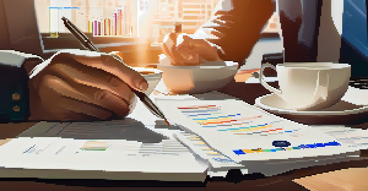 Close-up of hands with financial documents and a laptop in a cozy setting, highlighting investment performance.