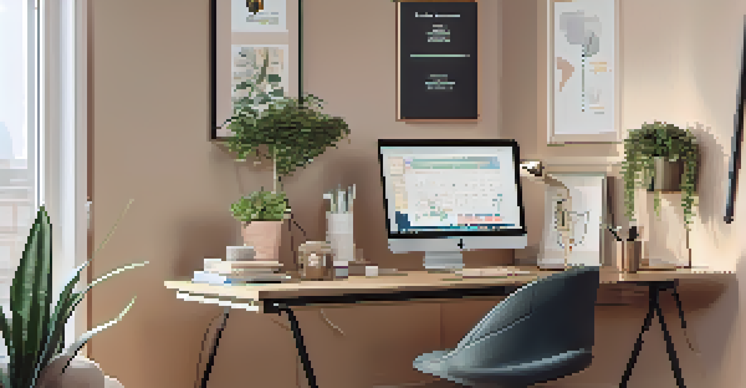 An elegant home office corner with a sit-stand desk, laptop, planner, and motivational artwork, illuminated by soft ambient light.