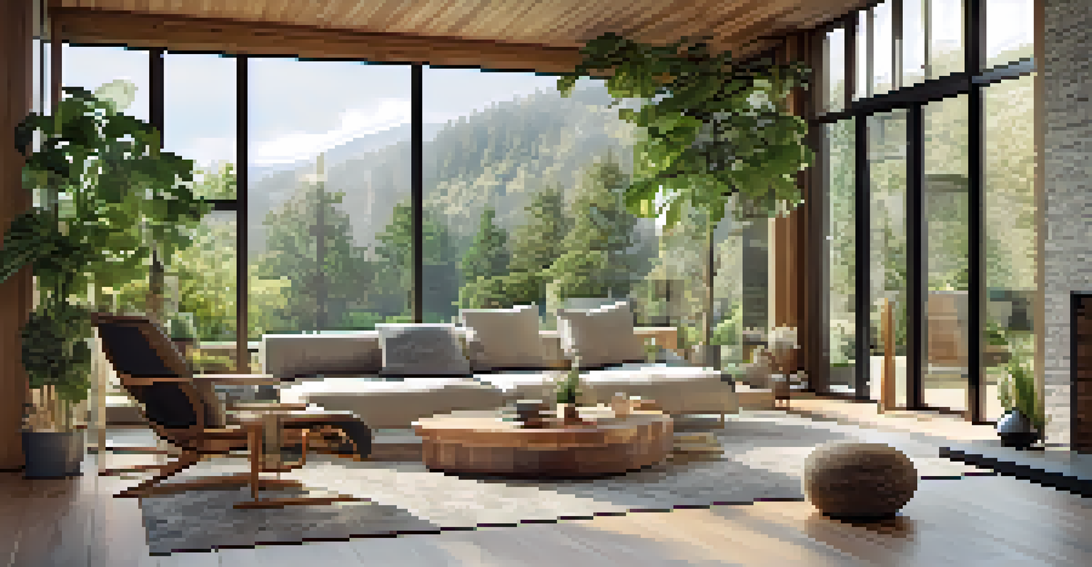 A modern living room with large windows showing a garden outside, featuring indoor plants and natural materials like wood and stone.