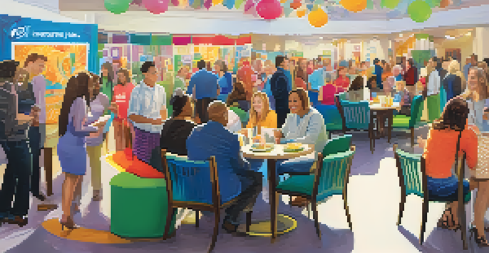 A lively open house event with diverse attendees engaging with displays and each other in a bright and welcoming environment.