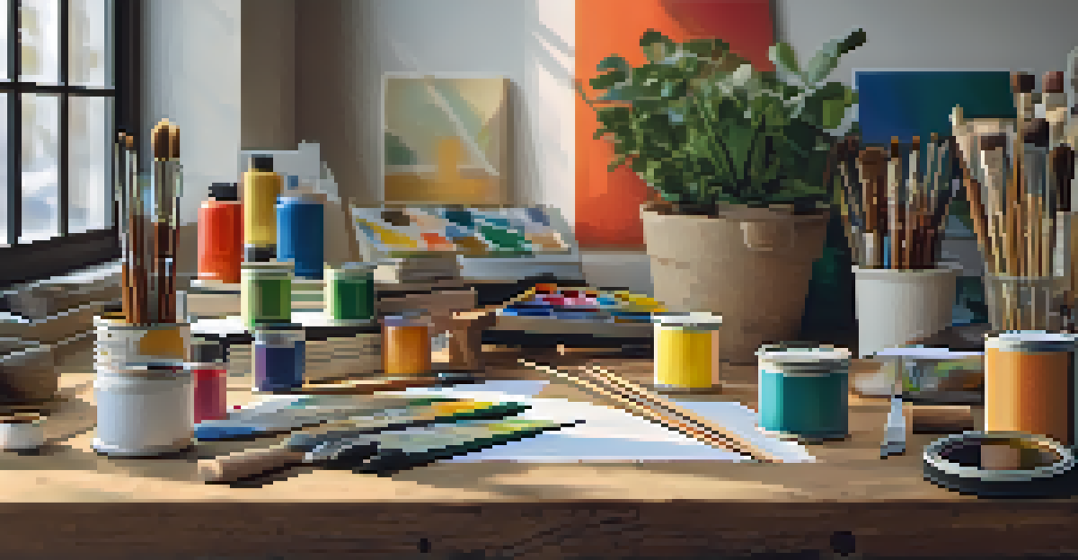 An artist's workspace filled with eco-friendly paint cans, a vibrant color palette, brushes, and canvases, illuminated by natural light.