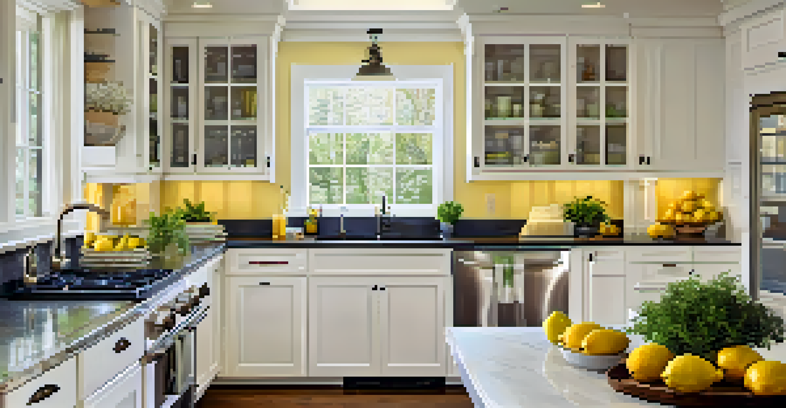 A bright kitchen with fresh lemons and herbs on the counter, showcasing a clean and inviting atmosphere.