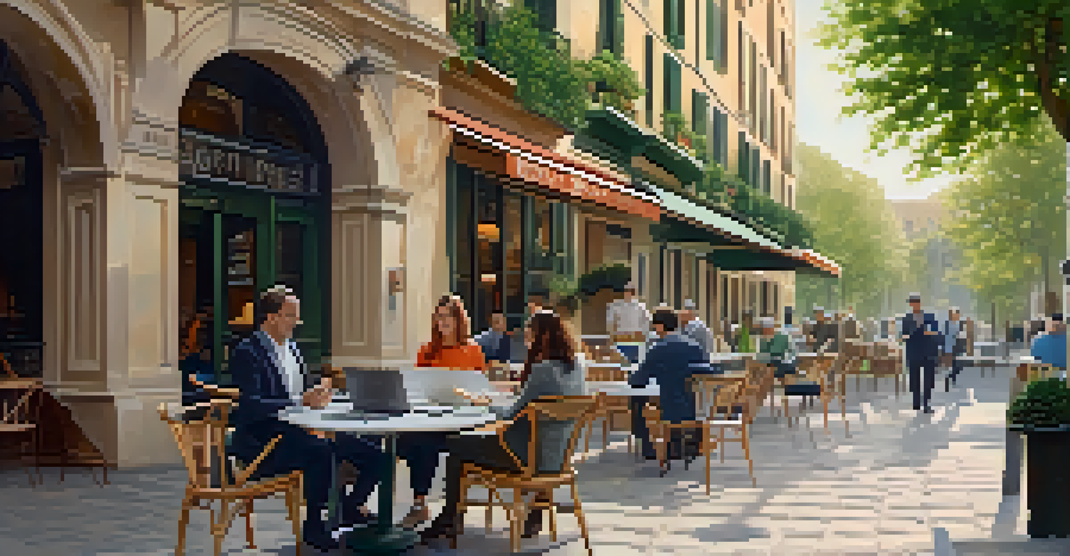 Two professionals negotiating at an outdoor café, with laptops and documents on the table in a lively city square.