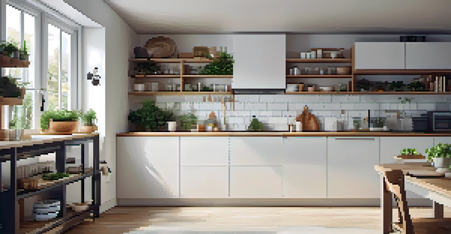 A modern kitchen with clean countertops, white cabinets, and fresh herbs by the window.