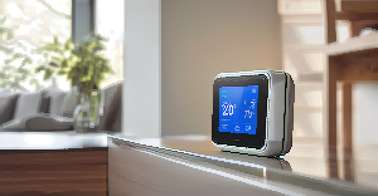 A close-up of a modern smart thermostat showing the current settings in a bright home environment.