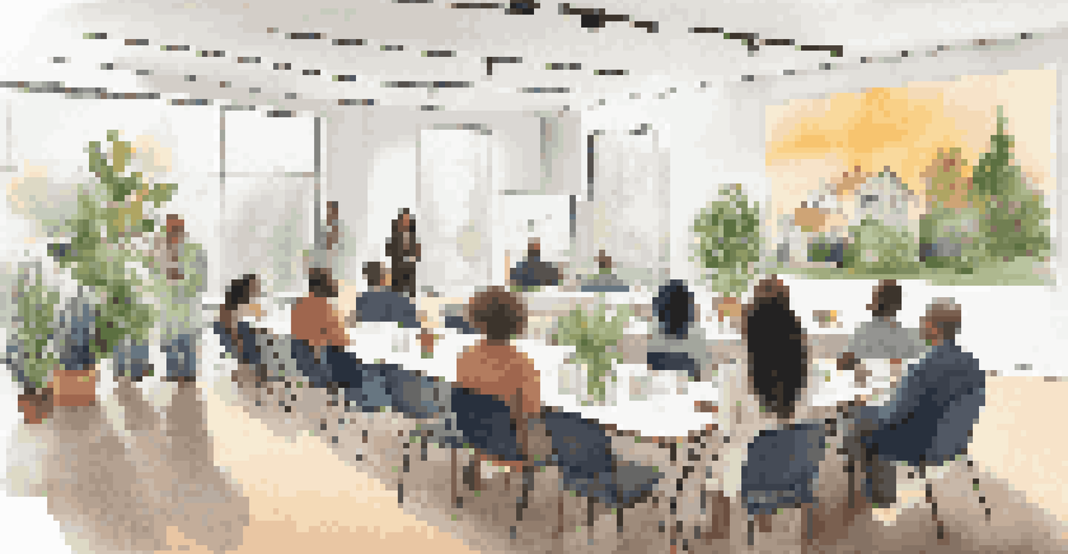A workshop with potential home buyers learning about home warranties, featuring a speaker and presentation visuals.