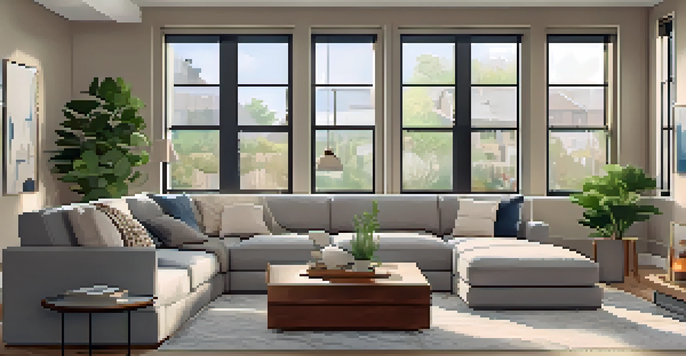 A warm and inviting living room with modern furniture, large windows allowing natural light, and a family photo wall.