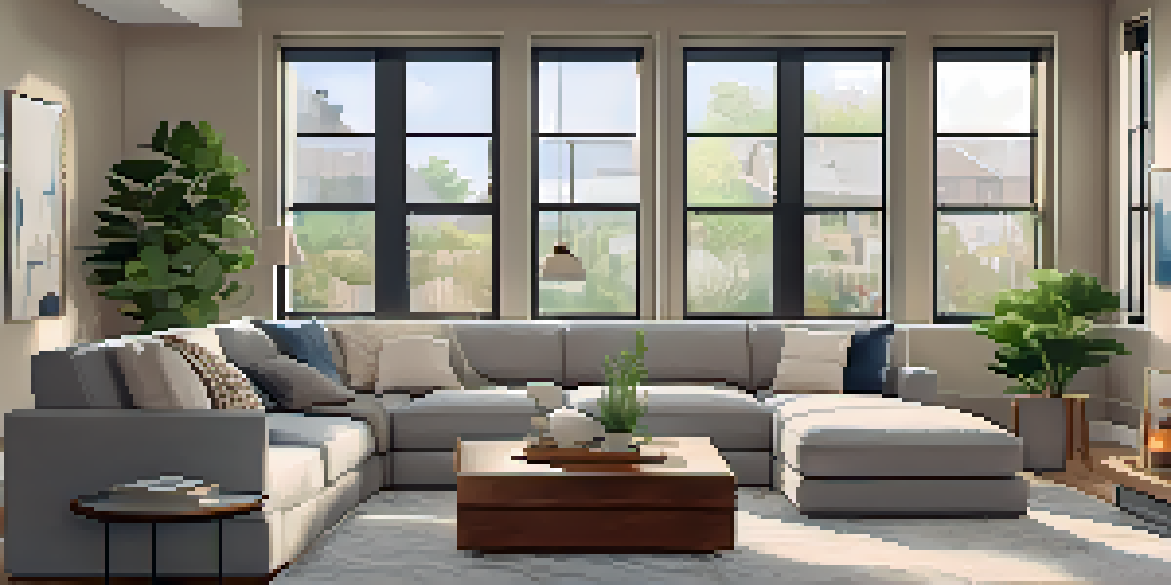 A warm and inviting living room with modern furniture, large windows allowing natural light, and a family photo wall.