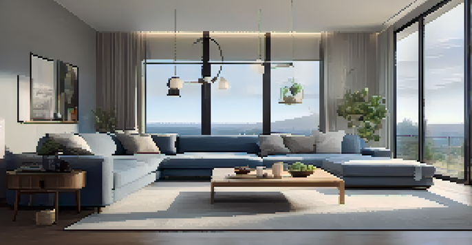 A contemporary living room showcasing smart home technology, including a smart speaker and smart lighting.