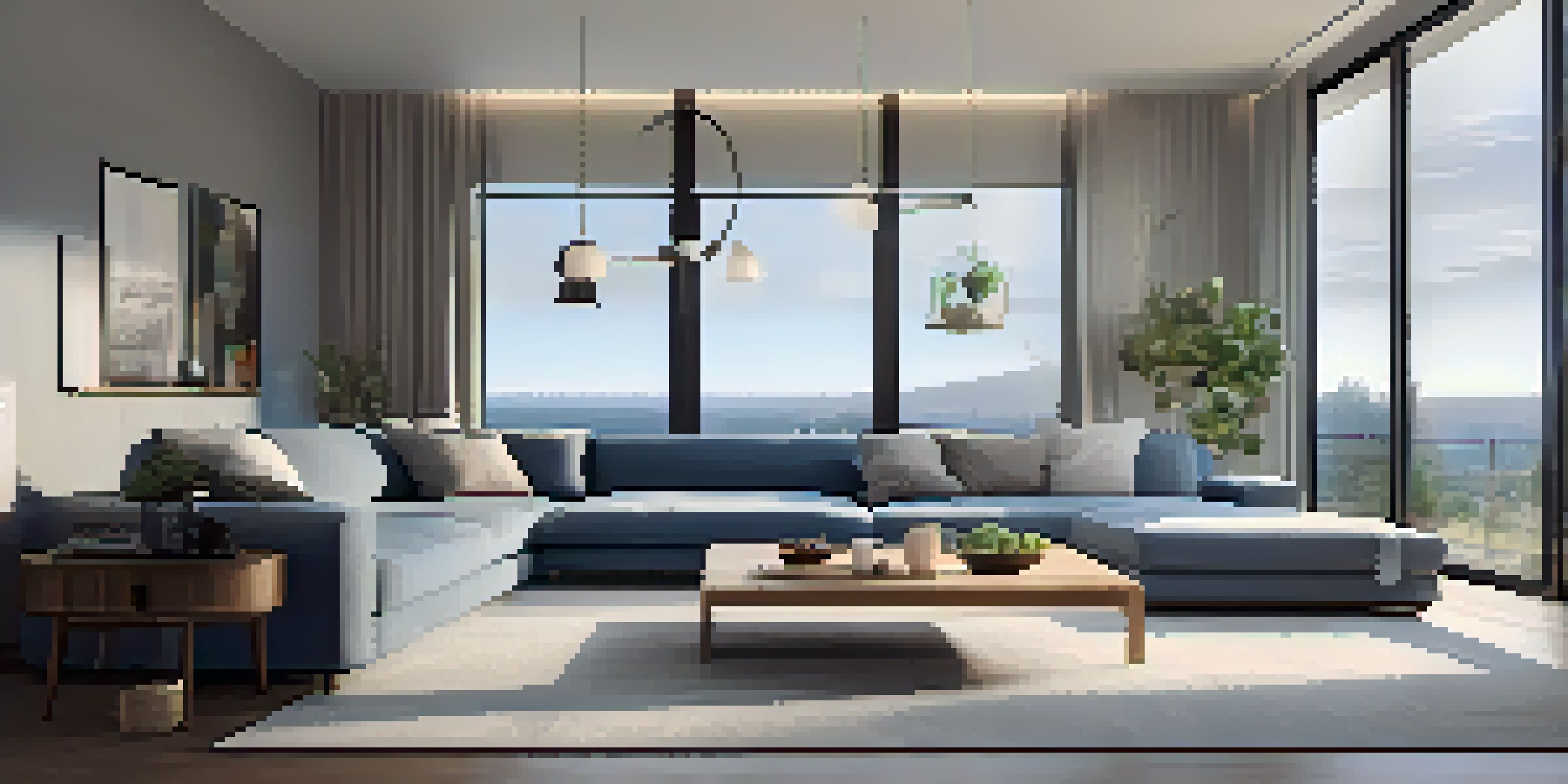 A contemporary living room showcasing smart home technology, including a smart speaker and smart lighting.