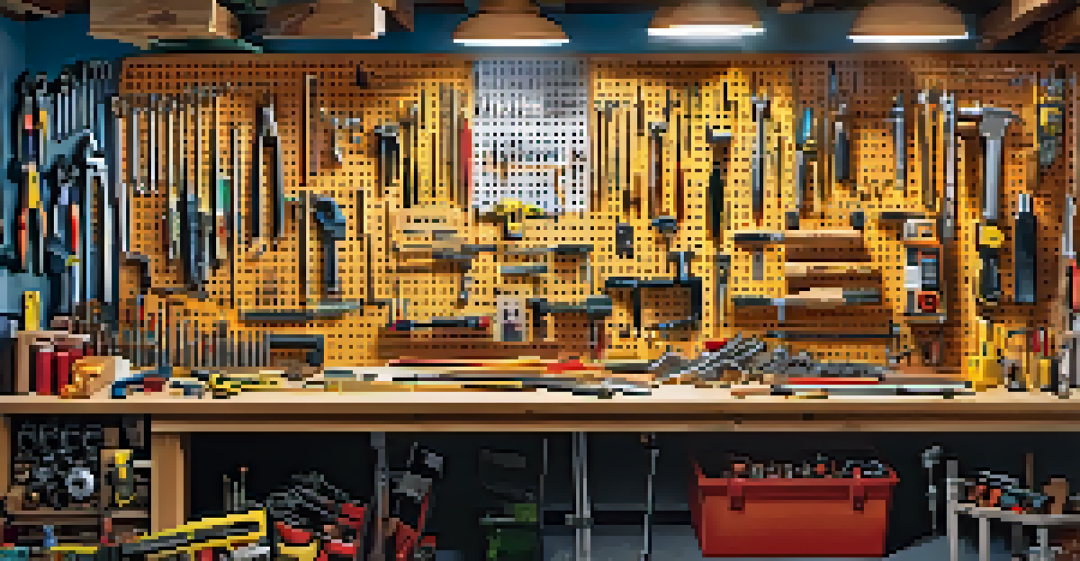 A colorful pegboard filled with hand tools above a busy workbench in a bright workshop.