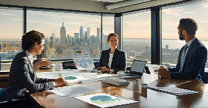 A diverse group of professionals in a modern office discussing real estate syndication with charts and laptops on the table.