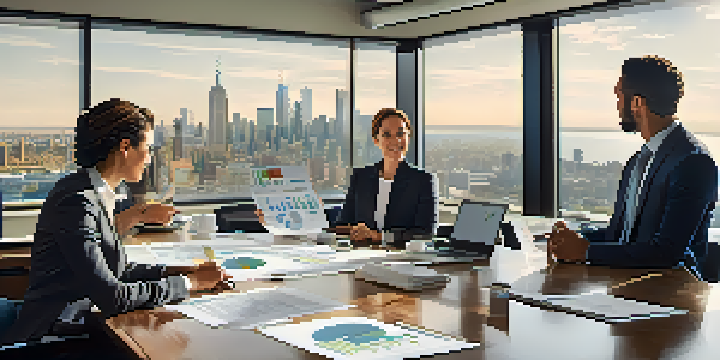 A diverse group of professionals in a modern office discussing real estate syndication with charts and laptops on the table.