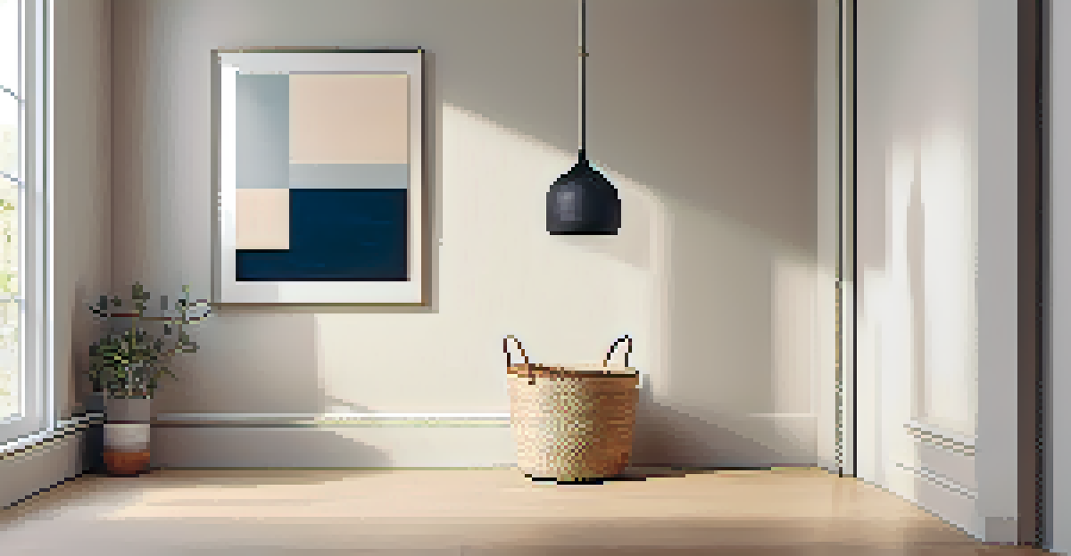 A close-up of a minimalist entryway showcasing abstract art, a pendant light, and a basket for shoes, with a calm atmosphere.
