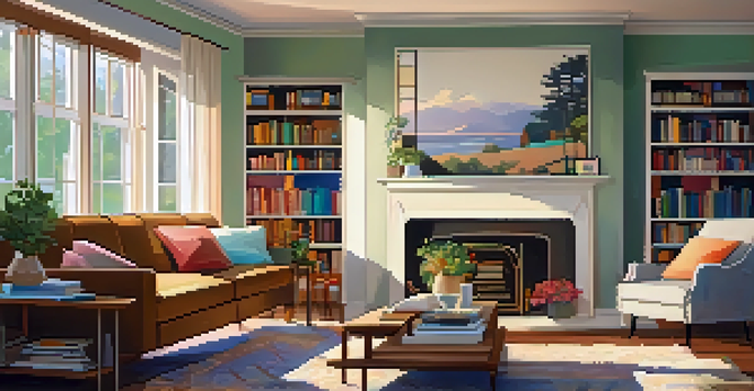 A cozy living room with a comfortable sofa and warm lighting.