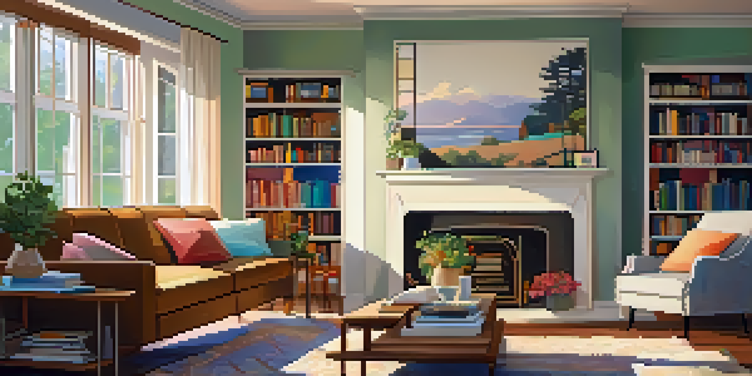 A cozy living room with a comfortable sofa and warm lighting.